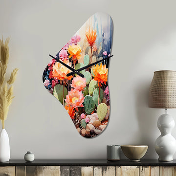 Peach Green Cactus Representation Multicolored Acrylic V - Asymmetric Metal Wall Clock